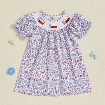 Girls Short Sleeve Crew Neck Floral Print Summer Dress Embroidered Casual Dress for Kids Cute Flower Patterned Clothing 1