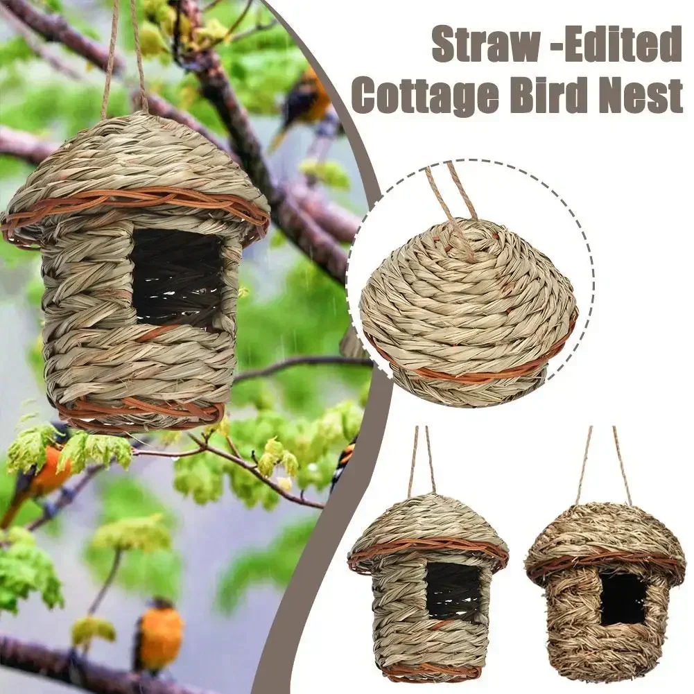 Handwoven Straw Bird Nest Parrot Hatching Breeding Grass Cave Garden Supply Grass Birds House Humming Bird Nest for Lawn Home bird house