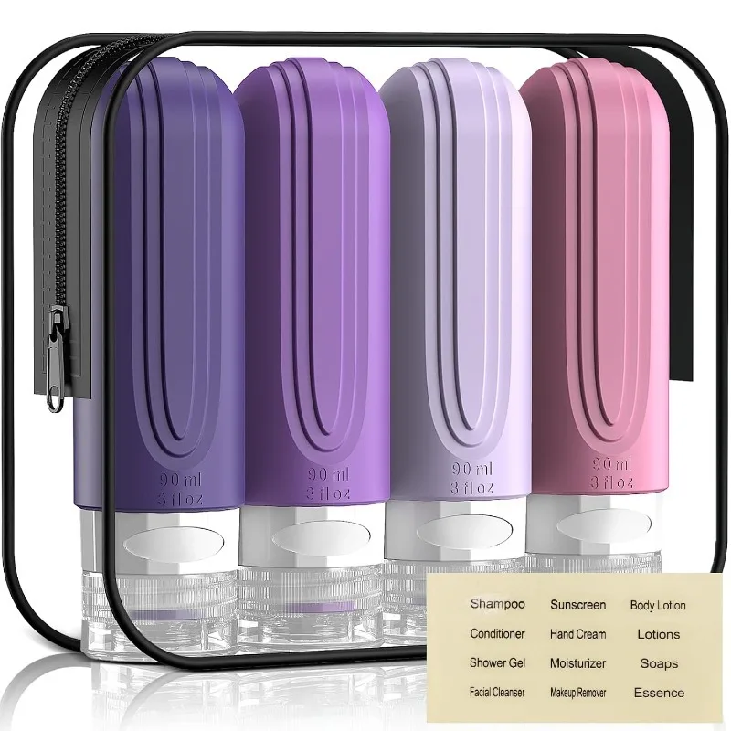Silicone Travel Toiletries Refillable Leak-Proof Containers Set - 90ml Portable Squeezable Bottles