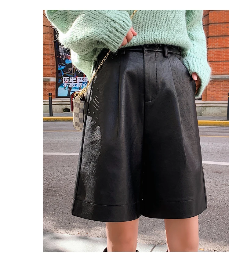 England Style Pu Leather Shorts Women High Quality Wide Leg Faux Leather High Waist Plus Size Loose Short Femme Shorts Feminino levis shorts