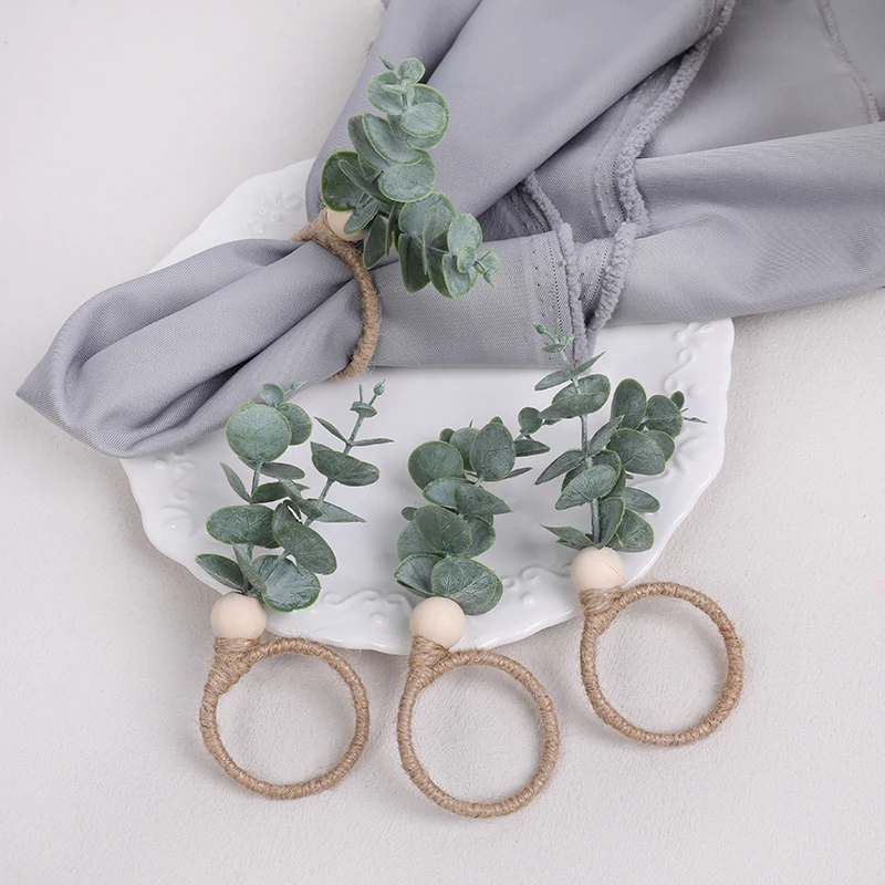 Eucalyptus Leaves Napkin Ring Wedding Napkin Holder Buckles with Wood Bead Easter Home Table Decoration Birthday Party Supplies