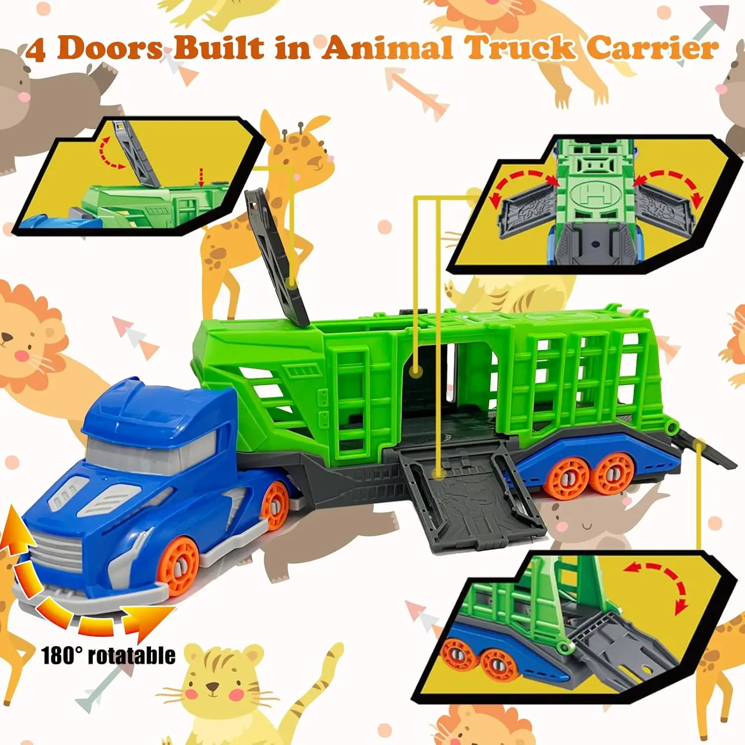 Dinosaur Animal Transport Vehicle Toy Set Includes 1 Transport Vehicle, 12 Dinosaurs or Animals, 2 Small Transfer Vehicles. the Transport Vehicle Features a Rotating Cab and 4 Doors That Can Be Opened - 3