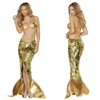 Sexy Little Mermaid Costume Women Gold Bra Mermaid Tail Sequined Maxi Skirts Anime Ariel Cosplay Princess Dress Sea Halloween