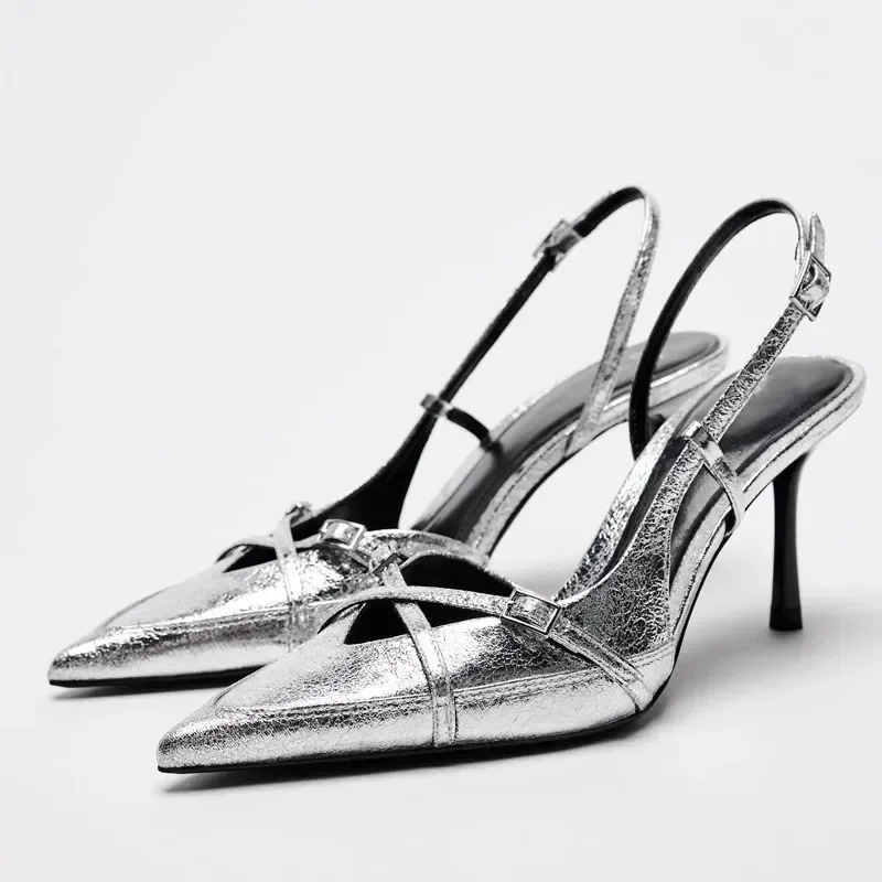 Women Slingback Sandals High Heels Pointed Toe Belt Buckle Mules Pumps