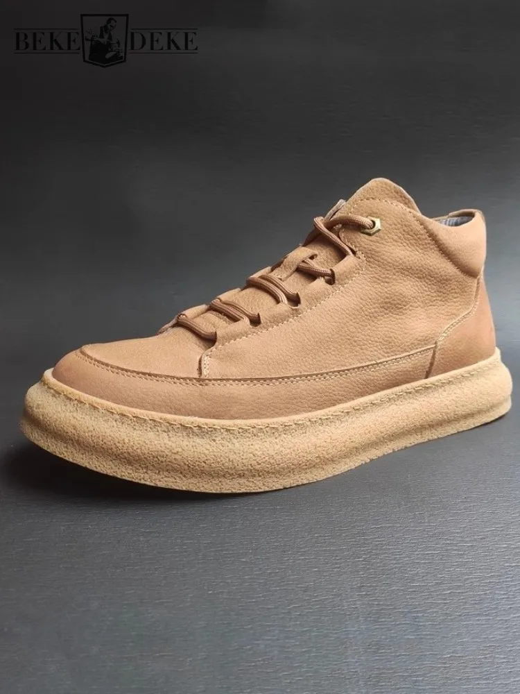 

Autumn Walking Shoes Mens High Top Platform Shoes Winter Fleece Liner Vintage Lace Up Thick Bottom Genuine Leather Casual Shoes