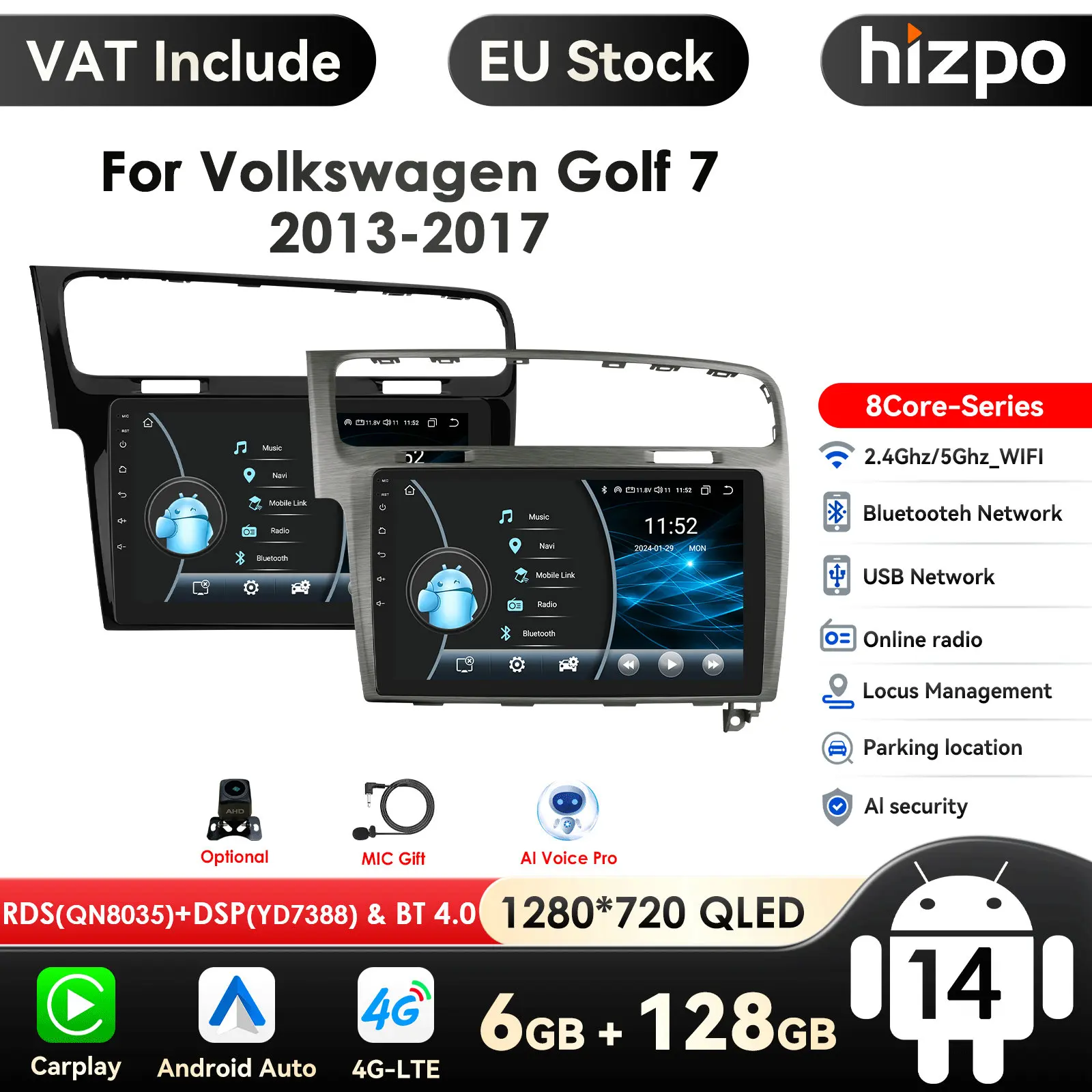 Hizpo 360 Kamera 4G Carplay 4G 7862 AI Systeme Android 14 Autoradio für Volkswagen Golf 7 2013-2017 Multimedia Video Player GPS