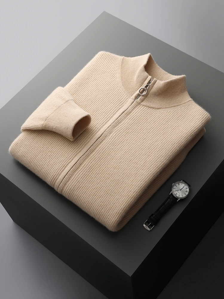 ADDONEE Autumn Winter Men Zipper Cardigan Mock Neck Thick Cashmere Sweater 100% Merino Wool Knitwear Smart Casual Sweater Coat 2