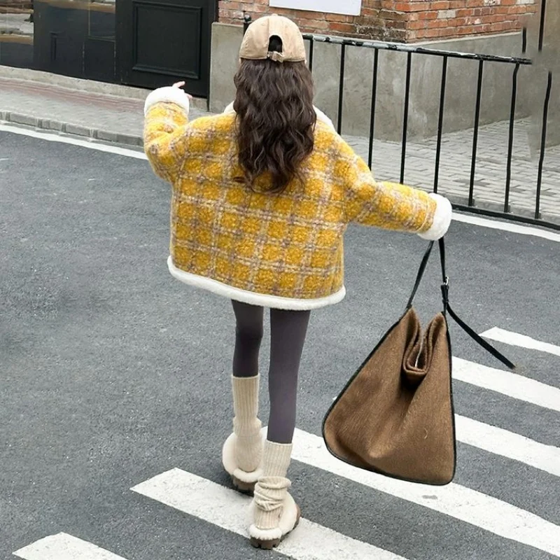 여자 울 코트 겨울 따뜻한 패션 어린이 의류 청소년 모든 일치 두꺼운 격자 무늬 플러시 자켓 겉옷 6-18 년