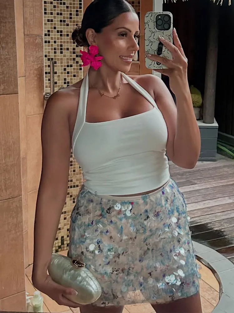 HH Women Elegant Fashion Shinny Sequin Mini Skirt Slim High Waist A Line Skirts Summer Female High Street Lady Sexy Skirt