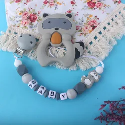 Chupete de mapache para bebé, mordedor con nombre de letras personalizadas, Clips, cadenas, colgantes para bebé, correa para masticar, soporte para pezones, regalos
