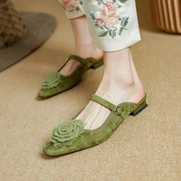 2025 NEW Summer Mules Women Sandals Shoes for Women Square Toe Low Heel Women Slippers Cover Toe Slingback Green Sandals
