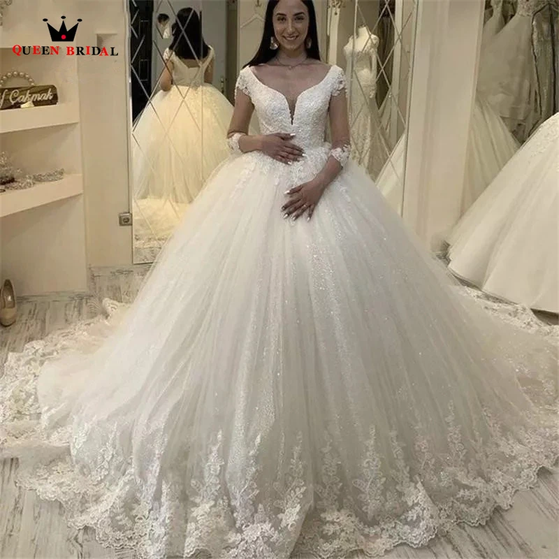 Elegant Plus Size Ball Gown Weddding Dresse V-neck 3 4 Sleeve Tulle Lace Appliques 2022 Fashion Formal Bridal Gowns SD53 wedding dress for women