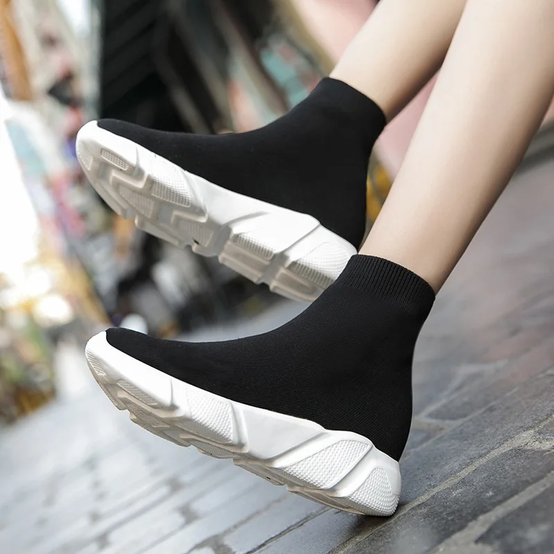 Women Boots Fashion Sneaker Plus Size Socks Shoes Breathable High-top Stretch Fabric Slip-On Casual Women Shoes 45 46 2022 New