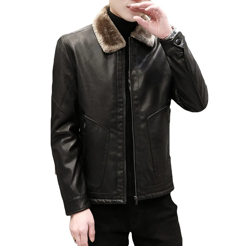 

New Men's Faux Leather Jacket with Fur Collar, Winter Casual Outerwear Coat for Middle-aged Dad Style