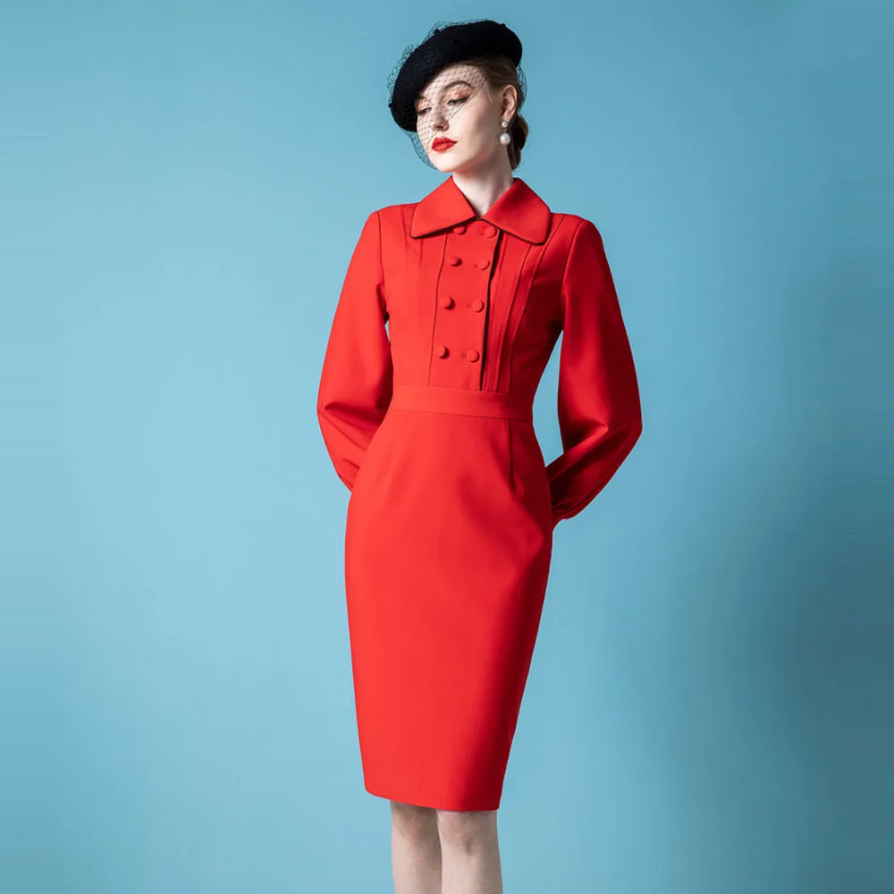 

High End French Retro Dress Autumn Winter New Women's Temperament Slim Red Dress