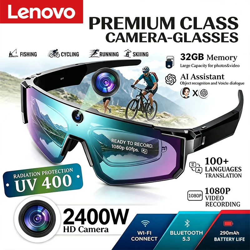 Lenovo AI Smart Glasses ChatGPT 8K HD Camera 2400W Anti-shake Cycling Video&Photo Sport Sunglasses DualMic Windproof Goggles