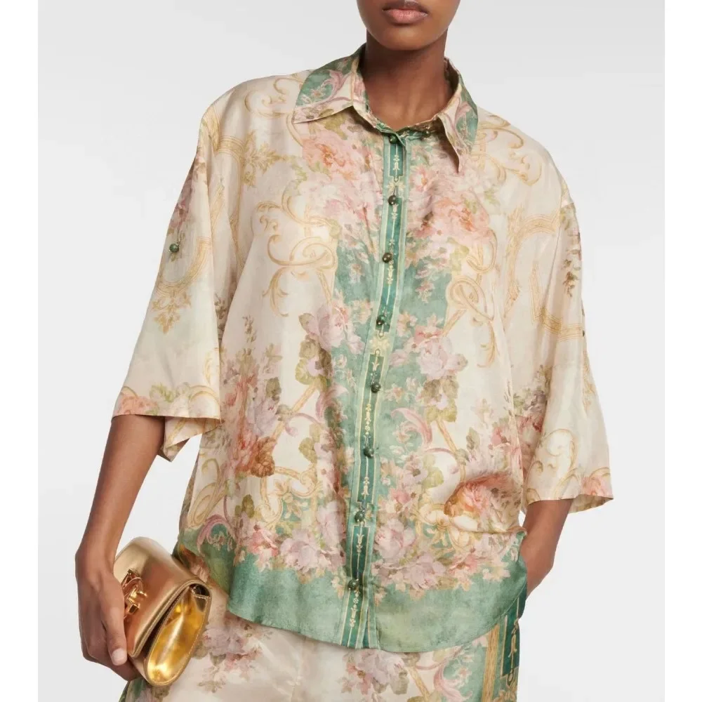 2024Australian niche  spring/summer new trendy vacation style green retro printed shirt+pants set two-piece set