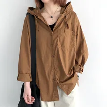 

Women's Blouse Mid Length Shirt Ice Silk Cotton Solid Color Hooded Shirt Jacket New Japan Korean Casual Autumn Spring 2022