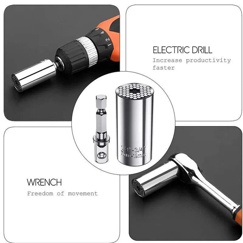 Multifunctional Silvery 7 to 19mm Magic Socket Multi Purpose Wrench Extension Rod Electric Hand Drill Screw Tool Set BEST SELLERS