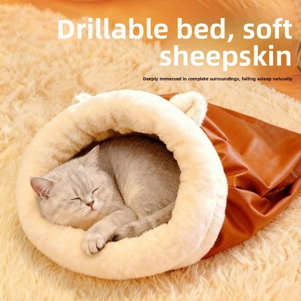 Fluff Pocket Shape Warm Cat Sleeping Bag Comfortable Winter Pet Bed Self-Warming Semi-Enclosed Puppy Cave for Cats Puppy