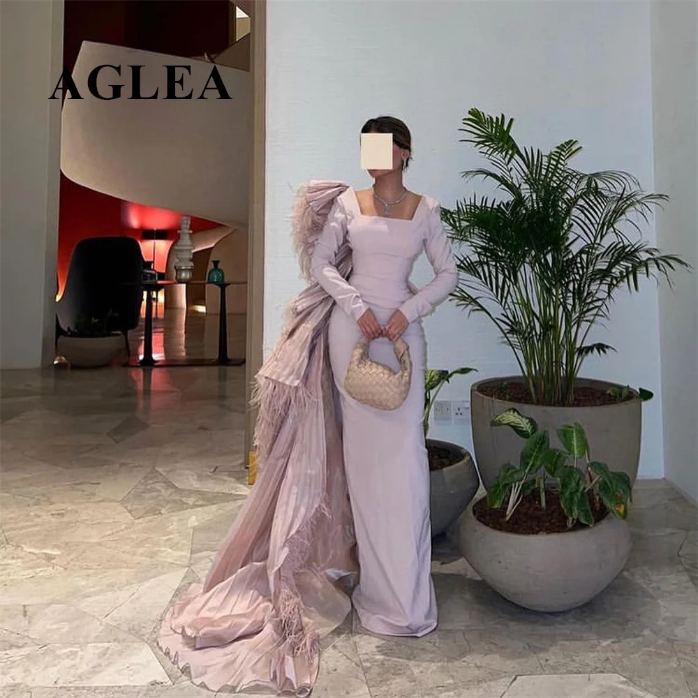 

AGLEA Prom Dresses Exquisite Square Sheath Celebrity Tassel Fold Draped Satin Occasion Evening Gown Платья для выпускного вечера