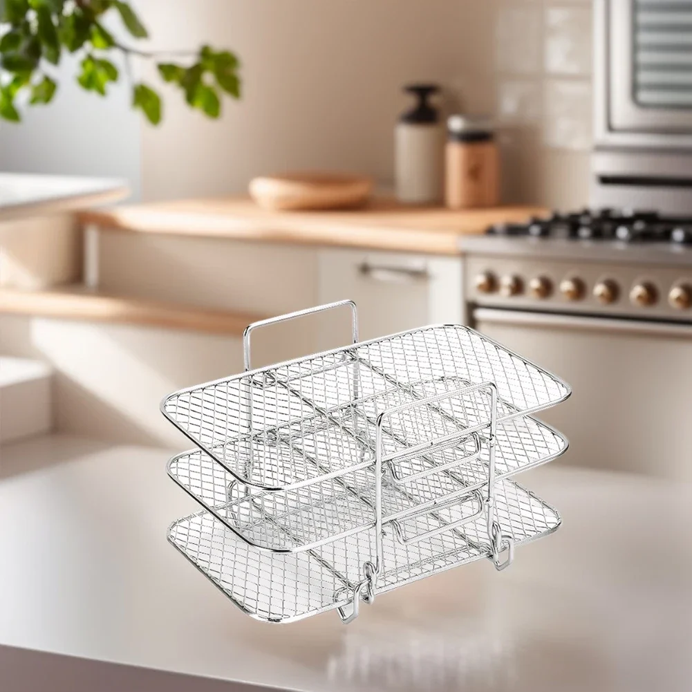 Air Fryer Rack Air Fryer Oven Grill Steamer Stainless Steel 3 Layers Mesh Grill Basket Stackable Multifunctional Kitchen Gadgets
