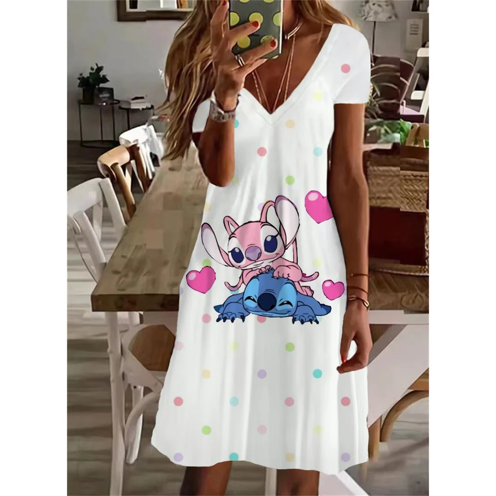 thumbnail image 1 of Nuevos vestidos cortos sexis de verano para fiesta para mujer, vestido con cuello en V y estampado de Lilo y Stitch de Disney, vestido hasta la rodilla de manga corta para tallas XS-5XL, 1 of 4