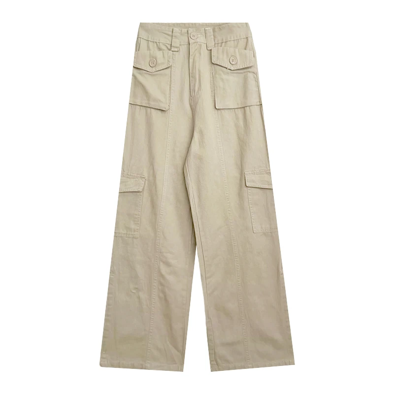 

Retro solid color multi-pocket basic high waist all-match straight slit casual overalls pants