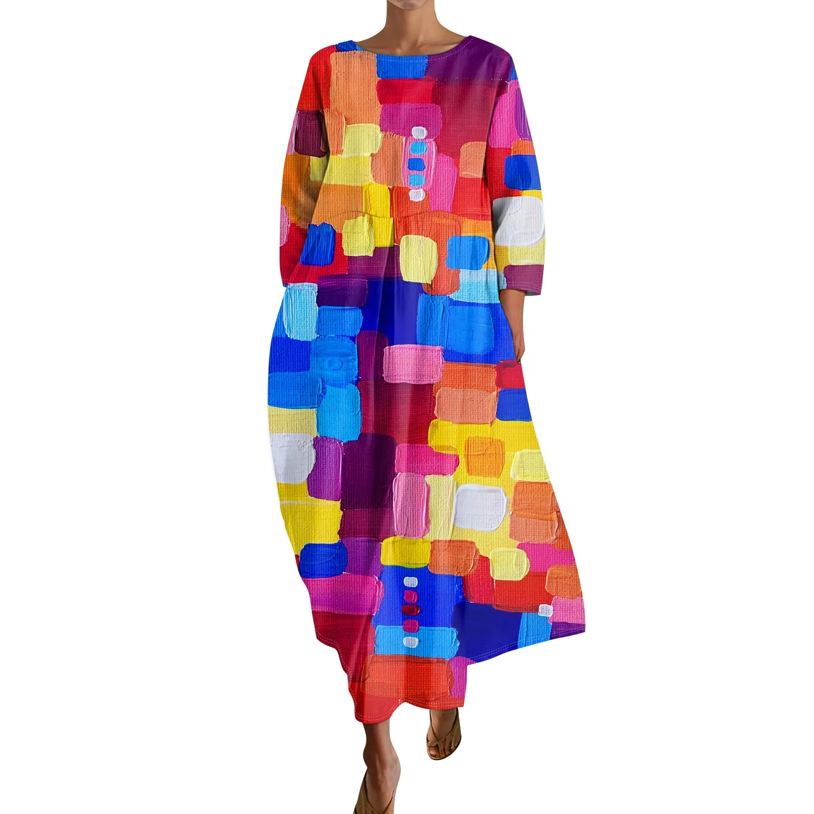 

Женское модное платье с круглым вырезом, рукавом три четверти и принтом, свободное платье с карманами на подоле, лето 2024