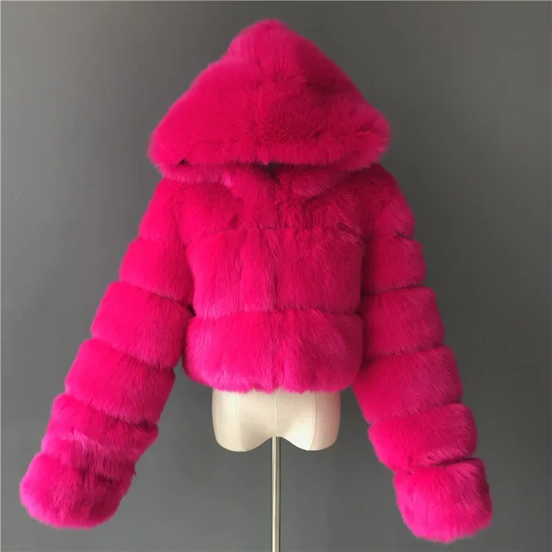 Autumn Furry Cropped Faux Fur Coats Jackets Women Fluffy Top Coat Hooded Straight Short Winter Fur Jacket Fashion Streetwear New 6