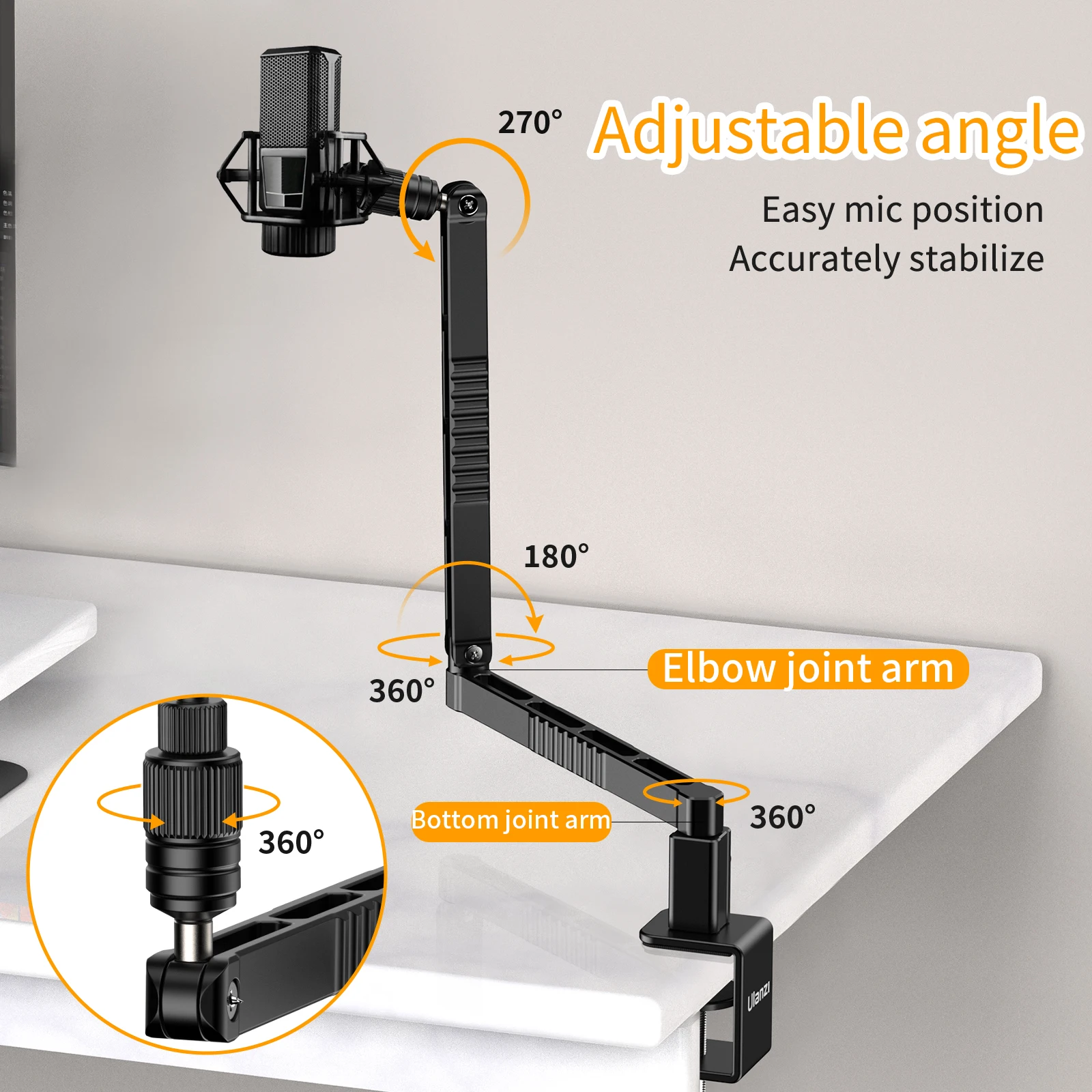 Microphone Stand Ulanzi Upgraded LS26 Low Level Microphone Stand with Adjustable Clamp Clip Desktop Mic Boom Arm Support Multi-angle Adjustment