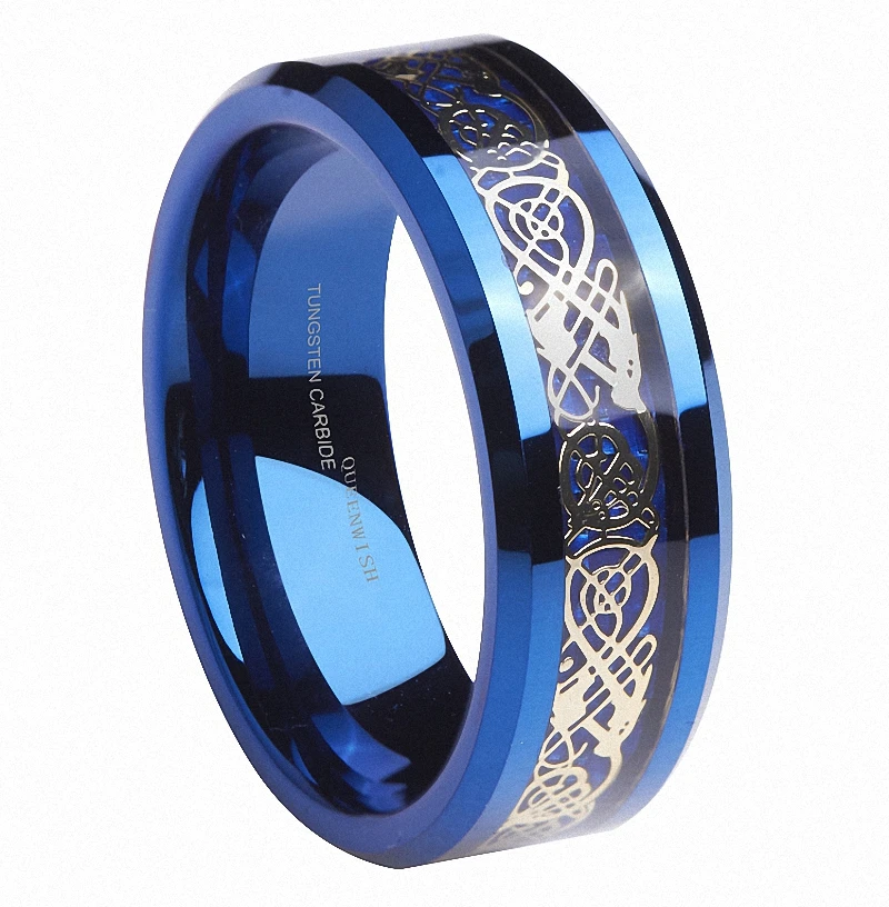 Queenwish-8mm-Blue-Tungsten-Wedding-Bands-Gold-Celtic-Dragon-Blue-Carbon-Fibre-Inlay-Promise-Rings-Mens-Jewelry