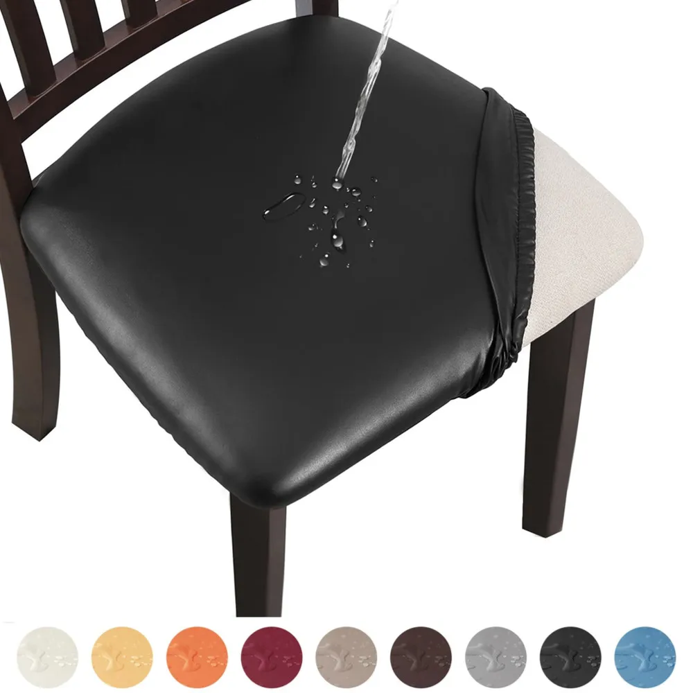 Set of 4 Chair Seat Covers PU Leather Waterproof Cushion Cover For Dining Room Slipcover Kitchen Oilproof Chair Protctor