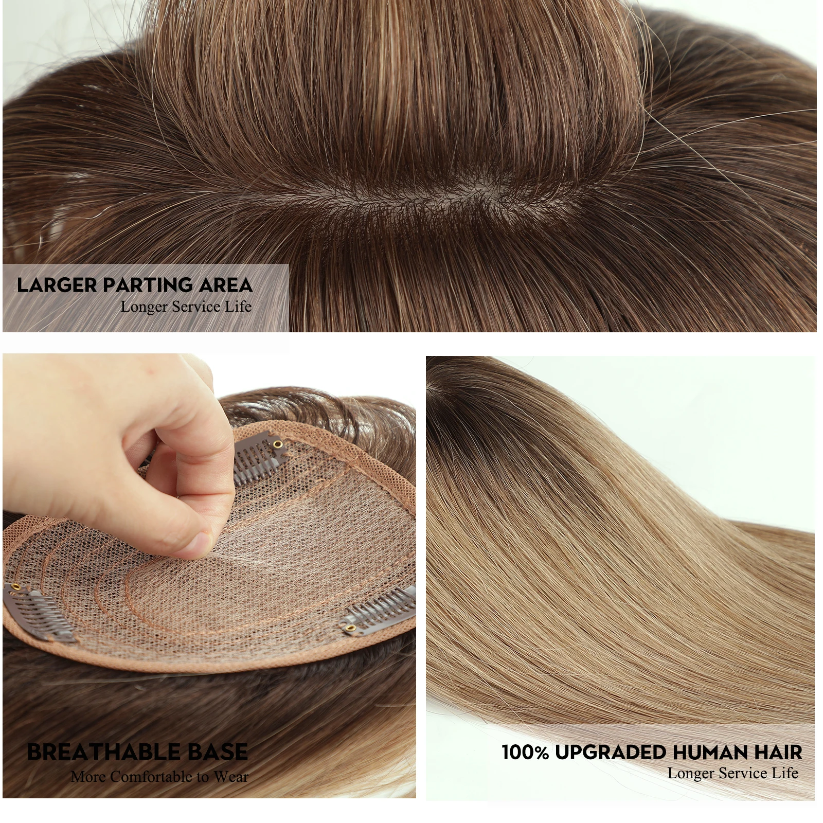 Remy Human Hair Toppers with Bangs 14in Brown Ombre Human Hair Pieces for Women with Thinning Silk Base Clip in Topper human hair extensions human hair toppers