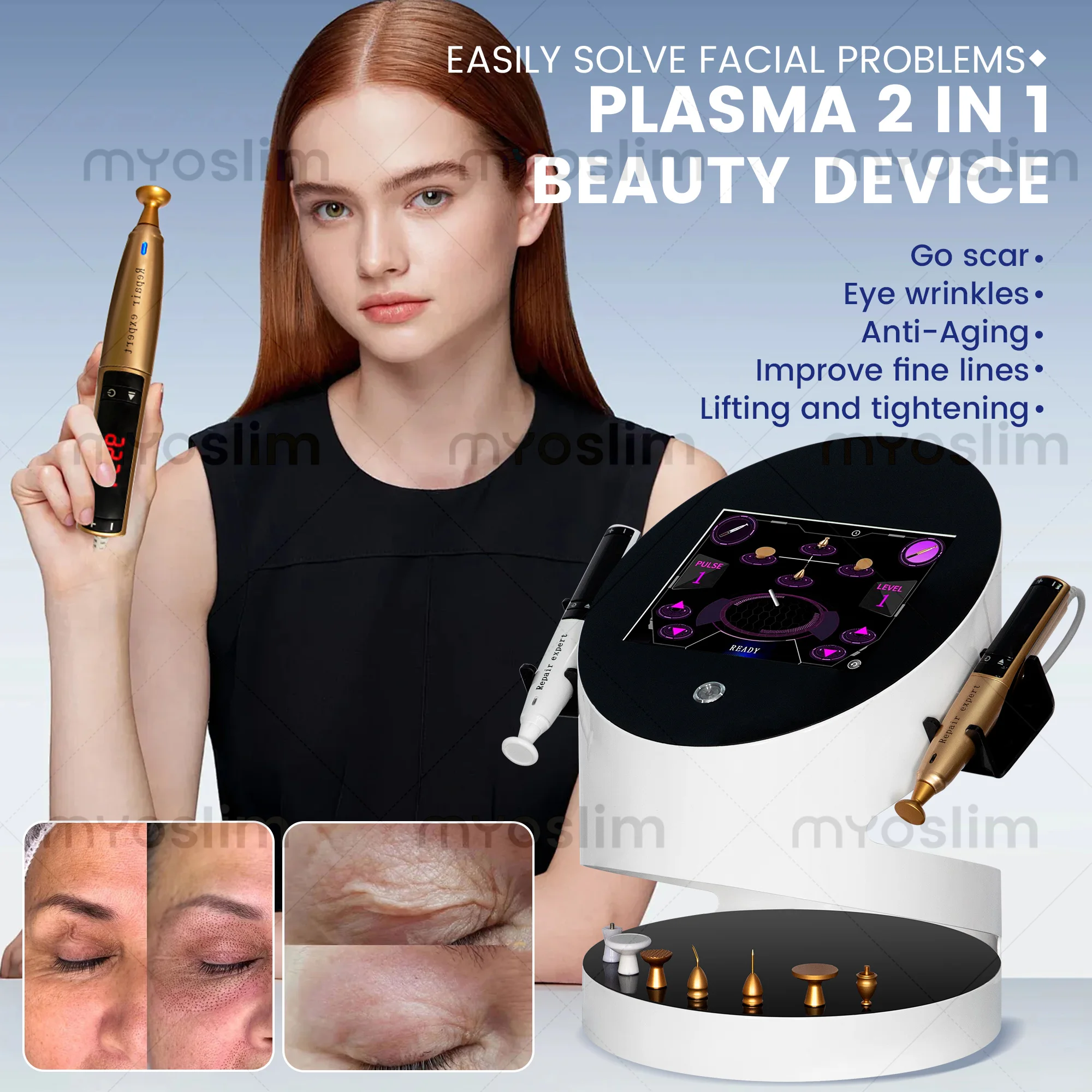 Equipo de Belleza Profesional 2 en 1 con Plasma Pen de Ozono y Oro, para Aclarar la Piel, Mejorar la Textura, Reafirmar y Levantar la Piel, Uso en Salón