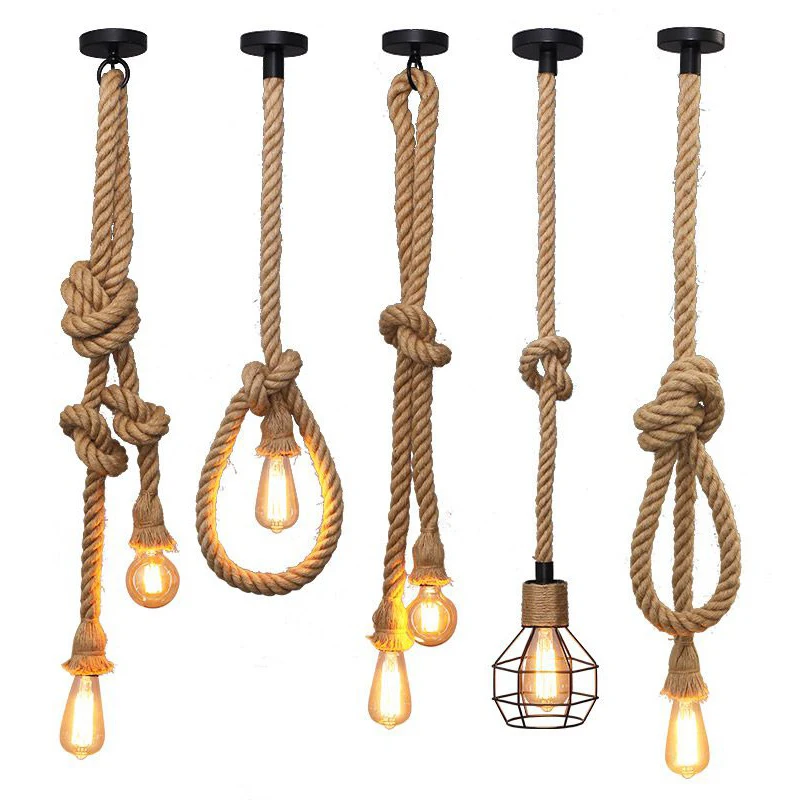 Vintage Hemp Rope Pendant Lights Attic Personality Industrial E27 Indoor Lightings For Loft/Living Room/Bar Retro Hanging Lamp 2
