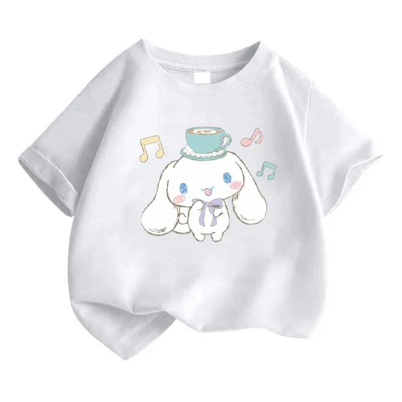 

Miniso Sanrio Cinnamoroll, Детская Хлопковая футболка с мультяшным принтом, круглым вырезом и коротким рукавом, детские свободные повседневные топы, подарок для девочек
