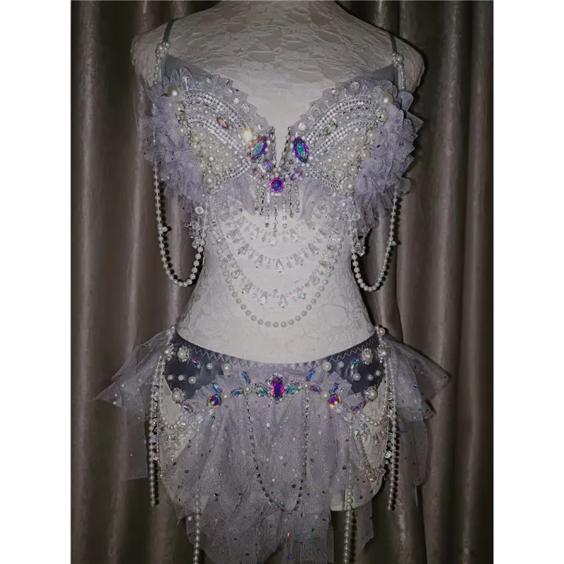 

Nightclub Bar DJ Disco Pole Dance Bikini Set Sexy Stage Wear Sparkly Crystal Beading Bra Shorts Dancer Party Show Rave Outfits