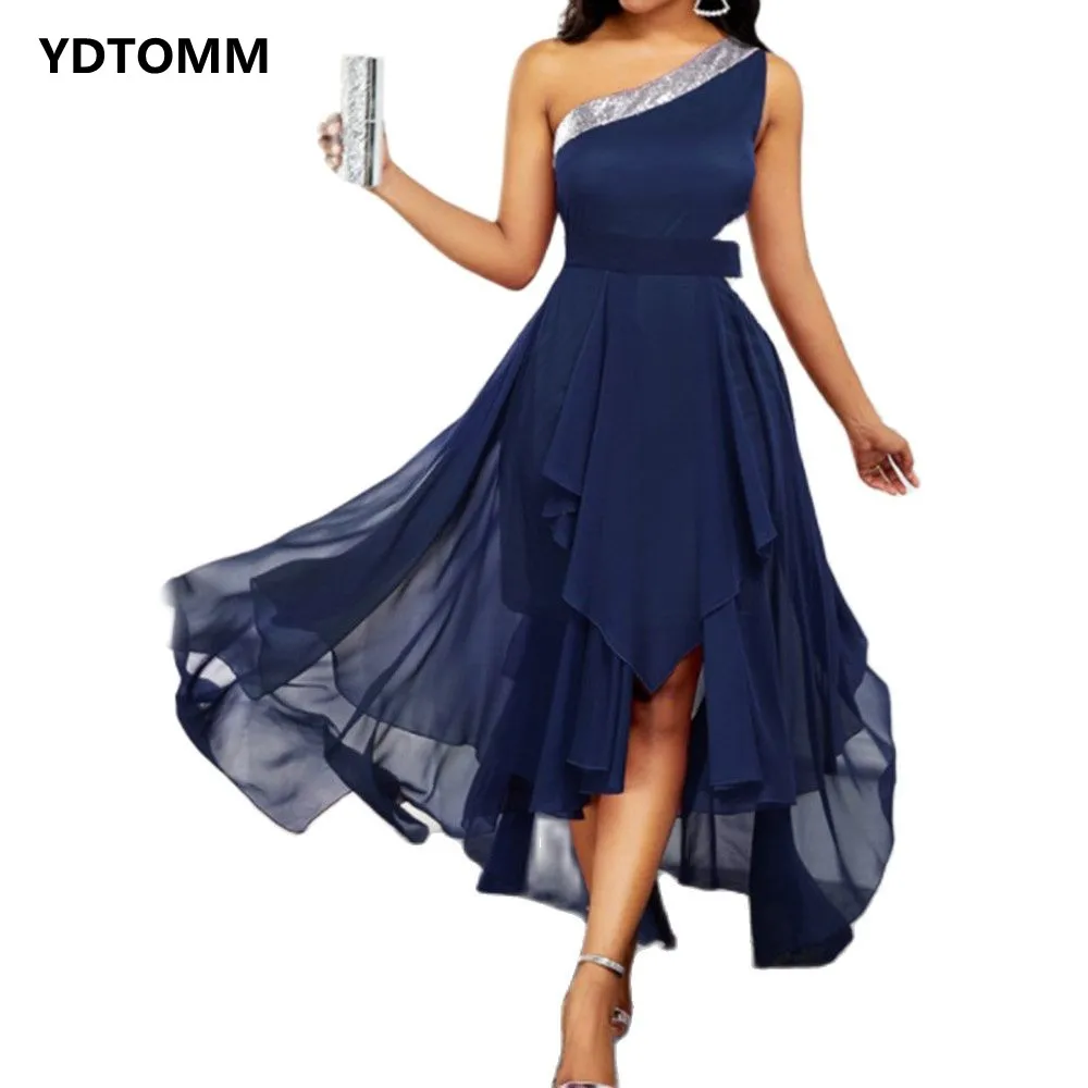 

Elegant Women A-Line Dress One Shoulder Bow Tie Ruffle Dress Slim Fit Formal Birthday Party Prom Midi Dresses Loose Size 2XL