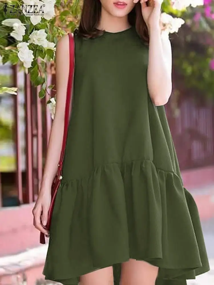 

ZANZEA Summer Ruffles Dress Women Casual Solid Knee-length Robe Vestidos Femme Holiday Beach Sundress Elegant Office Dresses