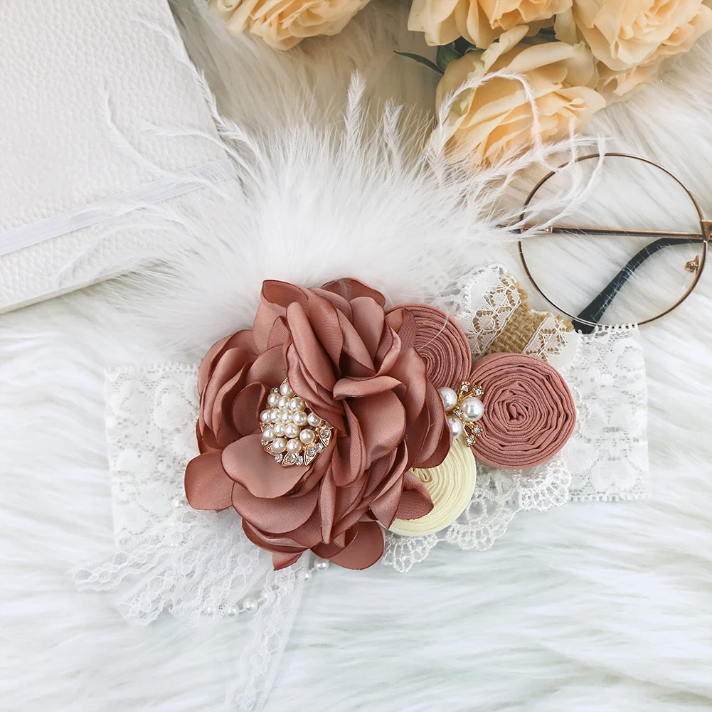Vintage Flower Headband Baby Girls Headwraps Newborn Photography Props Gifts Lace Elastic Hair Bands Pearl Feather Accessories 6