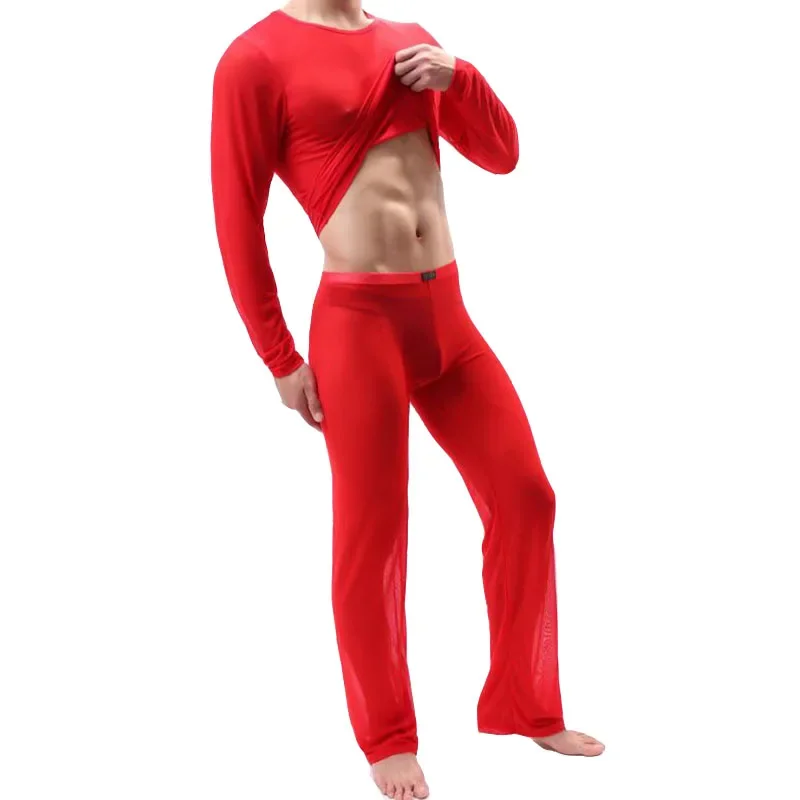 KWAN.Z pijama hombre thin transparent sexy men underwear pajamas sleepwear long sleevess pyjamas men mesh comfortable set