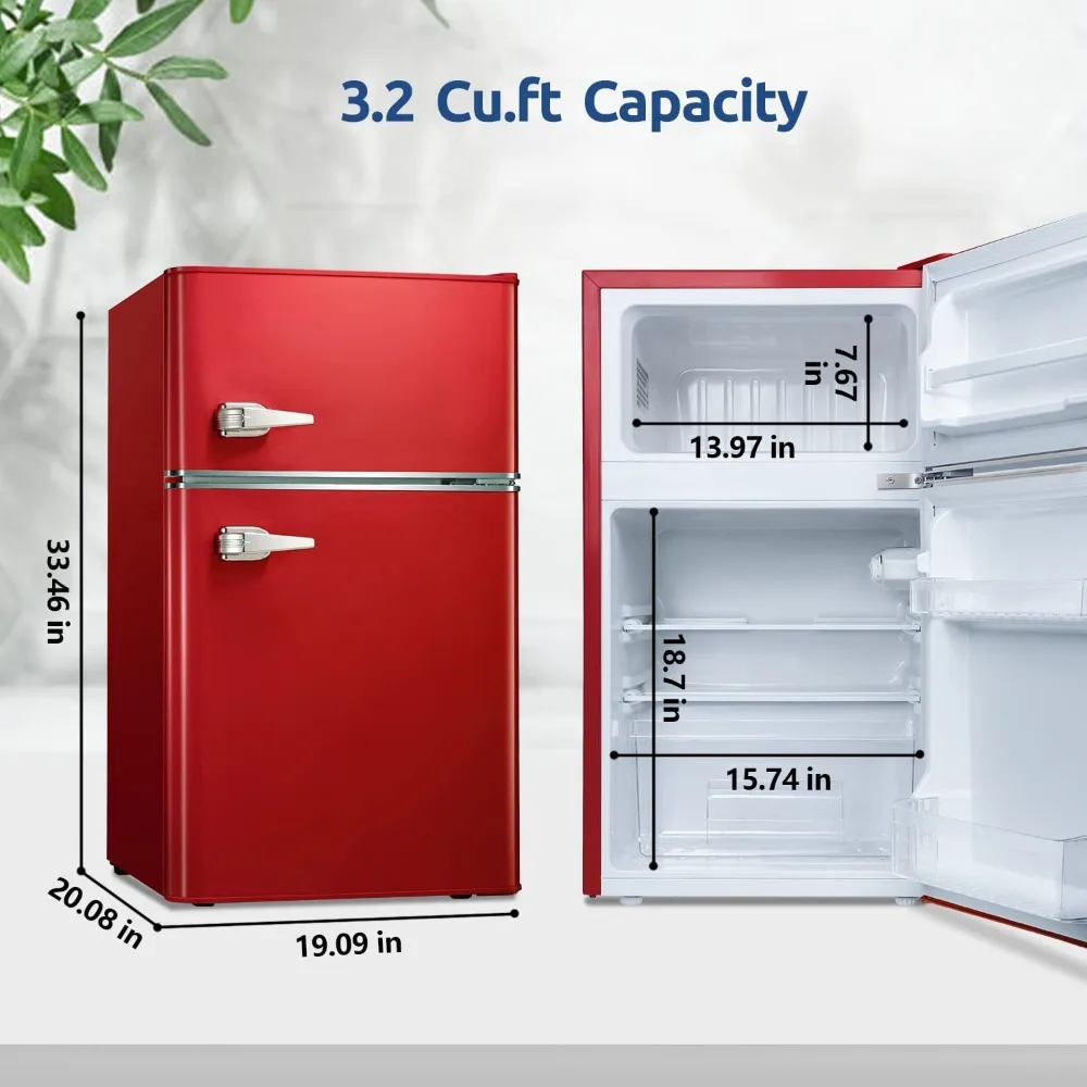 3.2 Cu.Ft Mini fridge with Freezer, Double Door Compact Refrigerator, Retro Mini Refrigerator for Dorm, Office, Bedroom(Red) 6 3.2 Cu.Ft Mini fridge with Freezer, Double Door Compact Refrigerator, Retro Mini Refrigerator for Dorm, Office, Bedroom(Red) 6