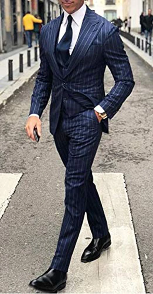 Men's One Button Pinstripe Suit Peaked Lapel Jacket Tux Vest Trousers Dress Groom Business Tuxedos men suits wedding prom suits