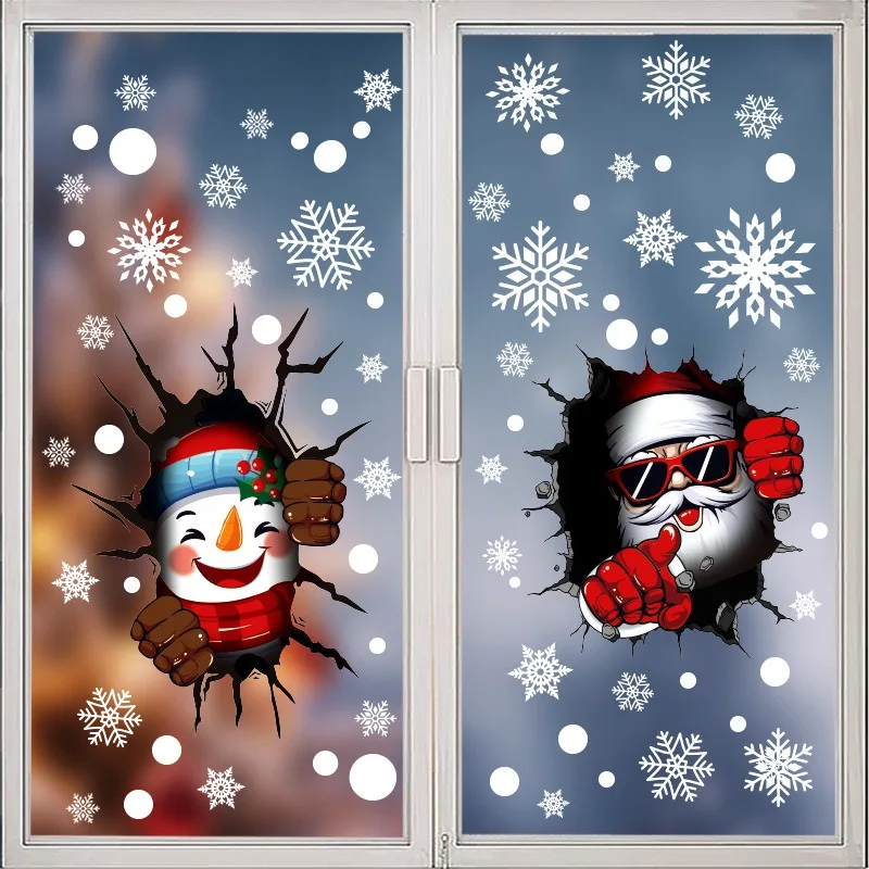 Window Stickers Christmas Decorative Glass Stickers Simulation Crack Gap 3D Santa Claus Elk Snowman Electrostatic