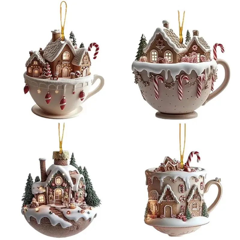 Coffee Cup Ornaments For Christmas Tree 2D Acrylic Christmas Snow Houses Chocolate Mug Pendant Tree & Car Decor