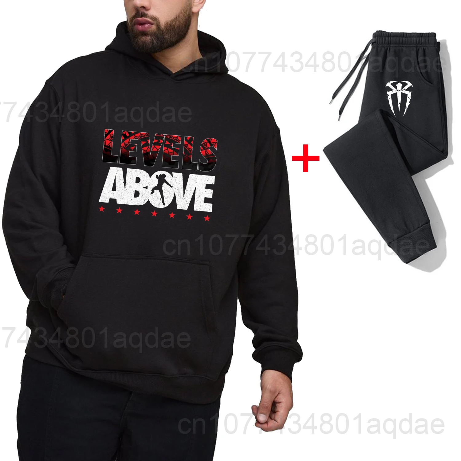 2025 Autumn/Winter New Hot Wrestling Fans Men's Roman Reigns Black pullover casual pants street casual sports fashion black set 2