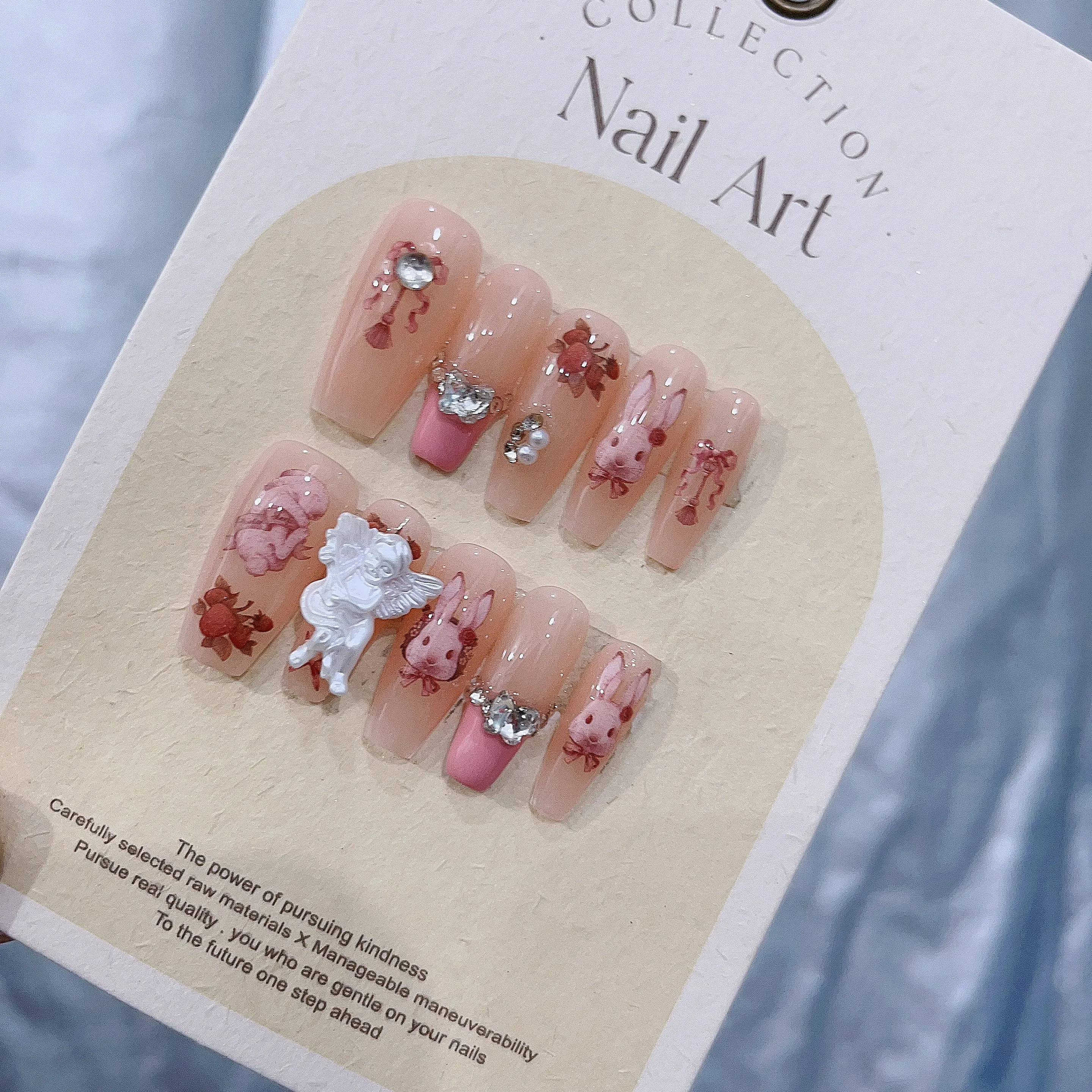 

100% Handmade Press On Nails with Angel Bunny Design,Coffin Shape, Adorable and Fun In Emmabeauty Store No. EM19162