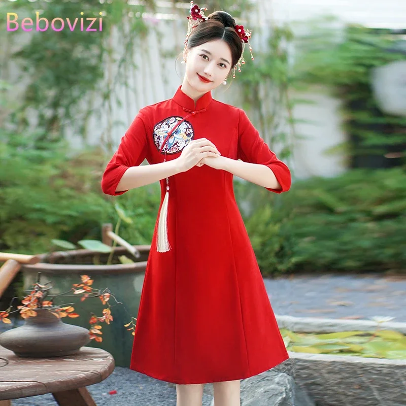 Chinese Traditional Retro Red Autumn Winter Flannel Qipao Dress Modern Improved New Year CNY Celebration Embroidered Cheongsam