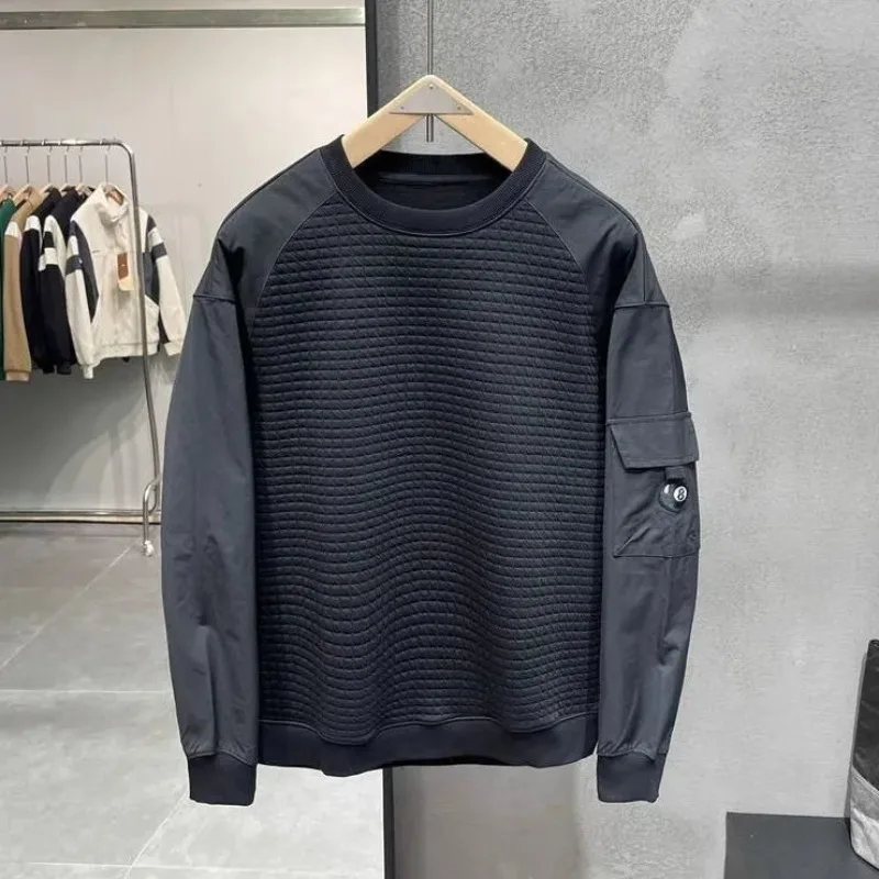 

New Spring Autumn Patchwork Sweatshirts Men's Versatile Casual Loose Teachwear Shirt Sleeve Pocket Round Neck Pullover Tops